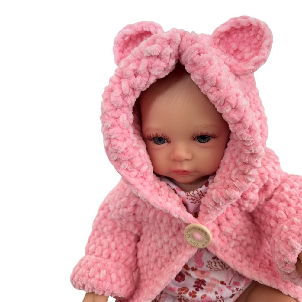 Handmade Pink Chenille Newborn Baby Hoodie & Booties Set Bear Ears Soft Plush - Picture 3 of 16